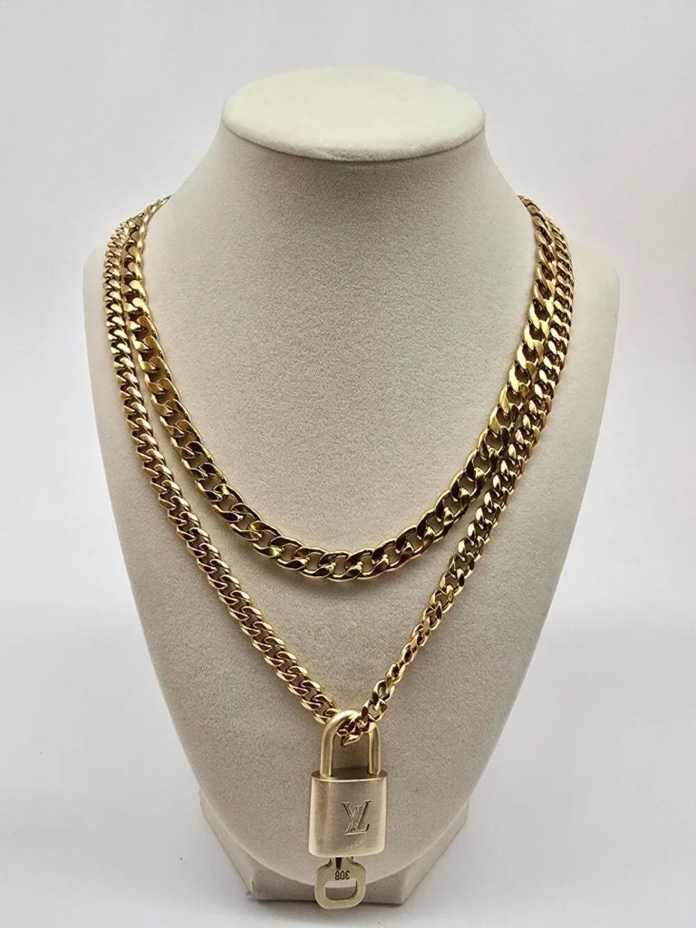Authentic Louis Vuityon Gold Padlock Pendant with Stainless Steel 2 Cuban Style